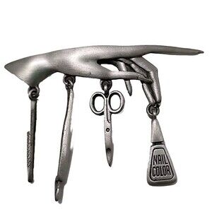 JJ Silver Pewter Hand Brooch MANICURIST CHARM PIN File Scissors Polish Vintage